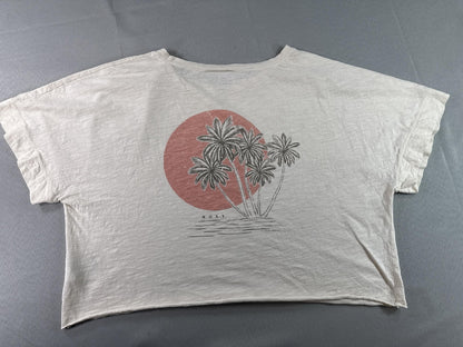 Roxy Womens Beige Graphic Tee Palm Tree Print Loose Fit Top 100% Cotton