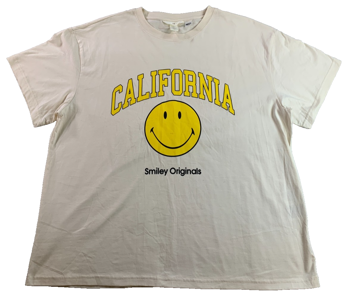 H&M Smiley Originals California Mens L Cream Graphic Tee Happy Face Streetwear