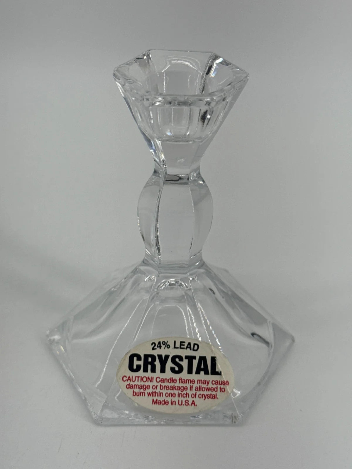 VTG 24% Lead Crystal Candle Holders Pair USA Hex Cut Clear Glass Taper Stick Set
