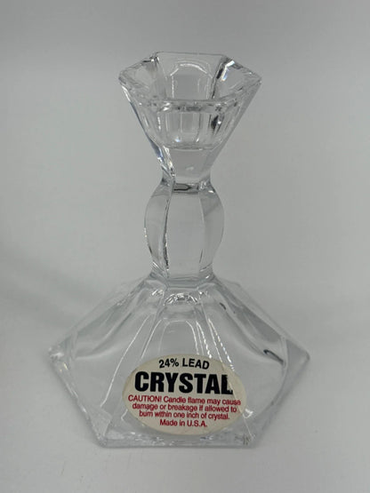 VTG 24% Lead Crystal Candle Holders Pair USA Hex Cut Clear Glass Taper Stick Set