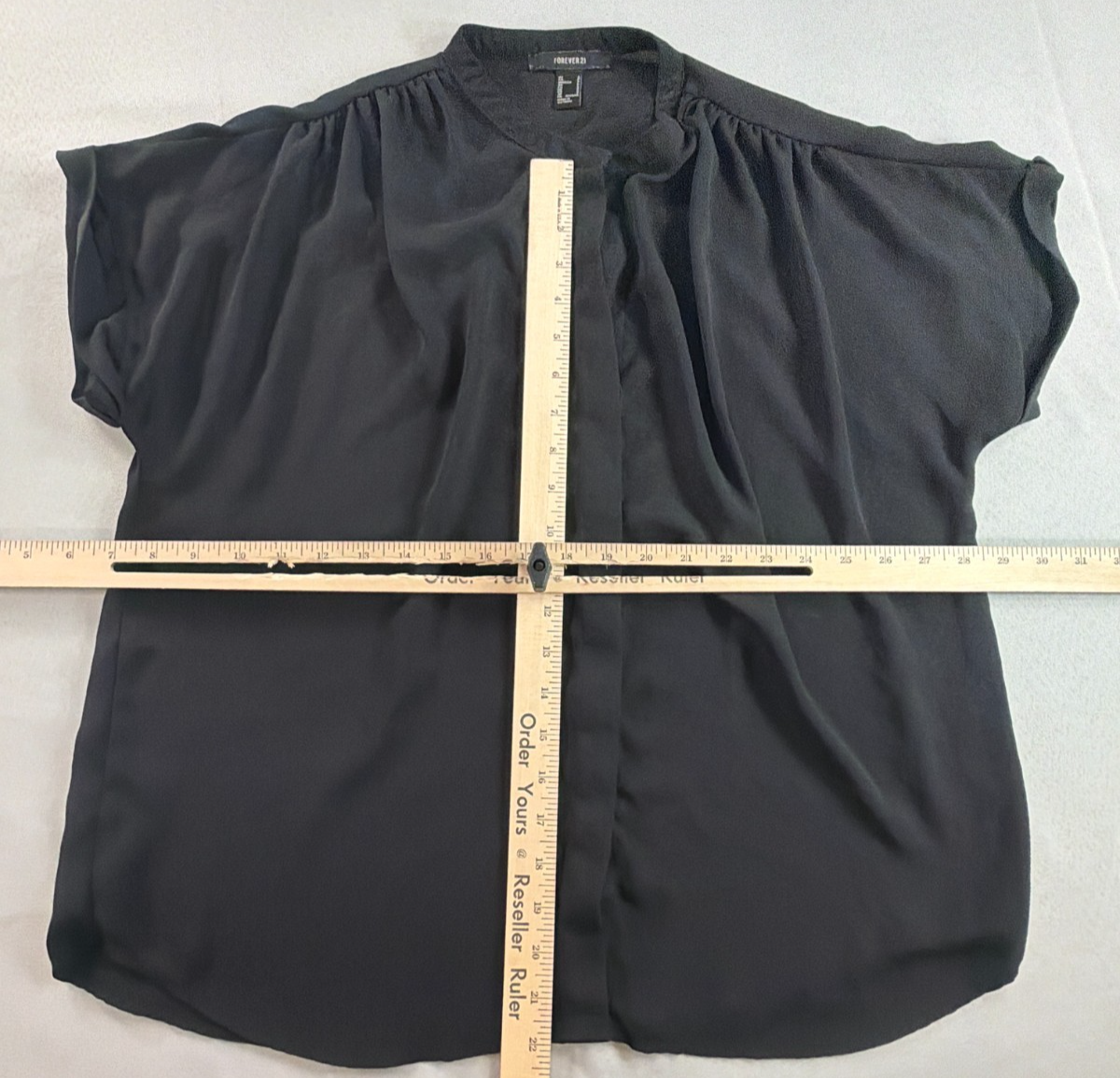 Forever 21 Black Chiffon Blouse Women Small Gathered Neck Short Sleeve Flowy Top