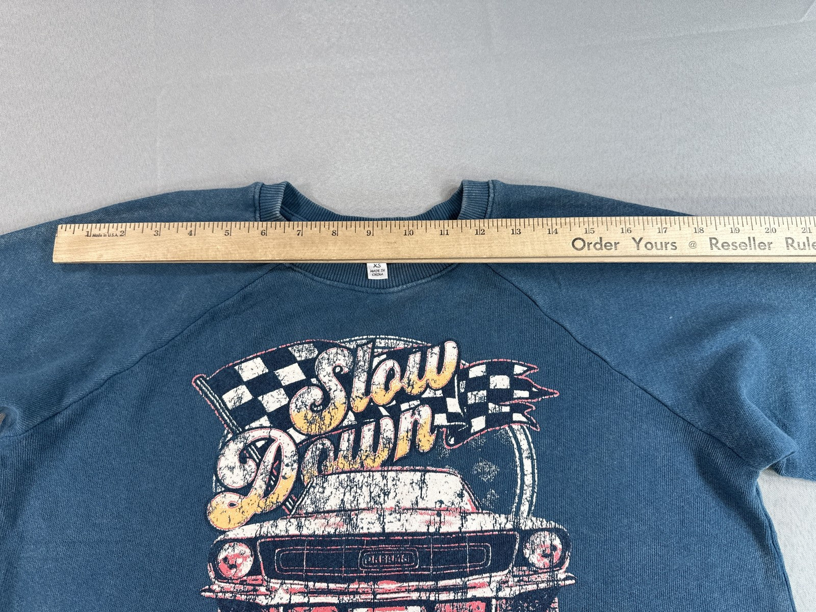 crow coe Car Graphic Retro Sweatshirt XS Blue Distressed Hem Long Sleeve