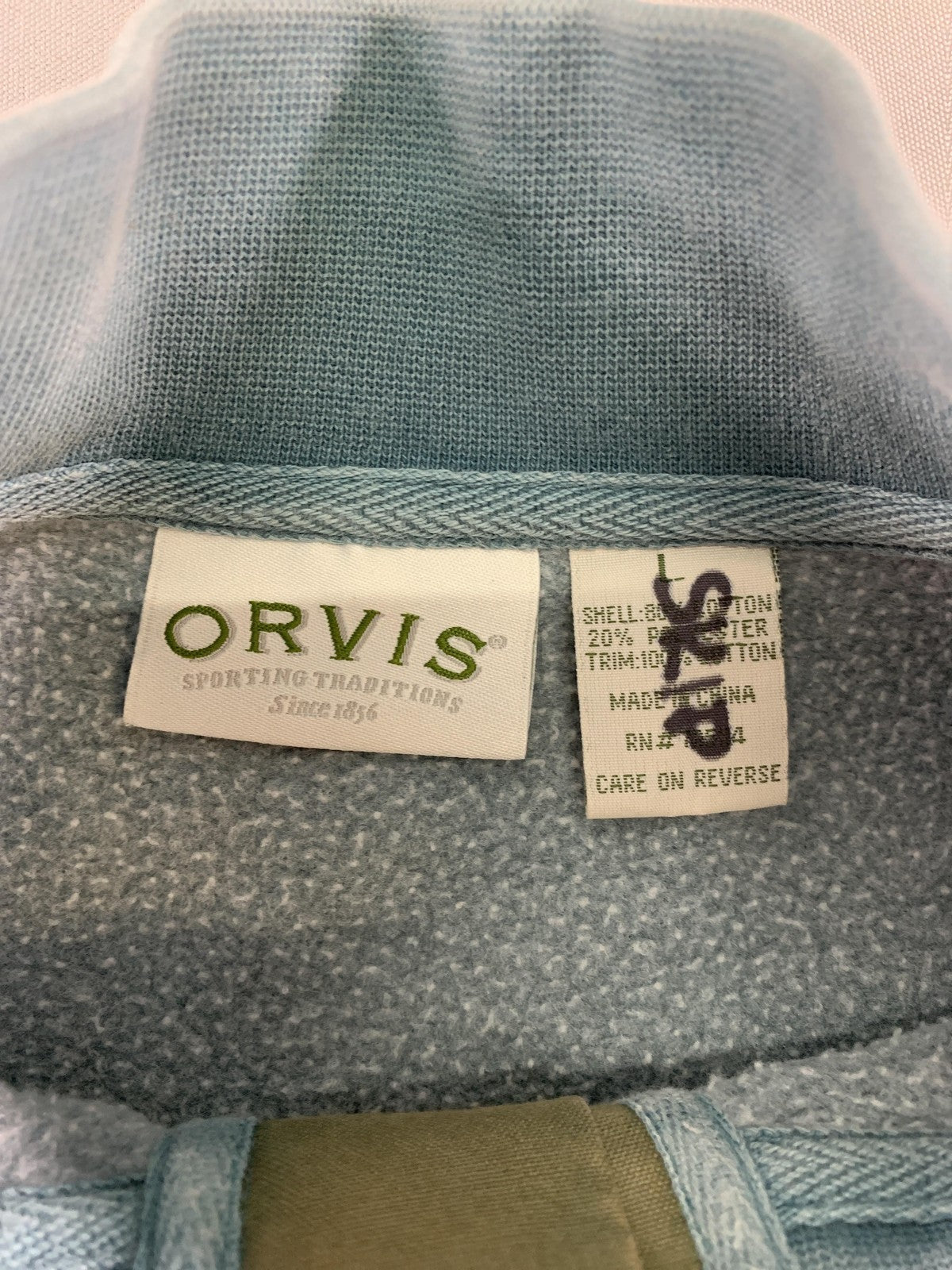 Orvis Pullover Sweater Mens Large Blue Mock Neck Elbow Patch Quarter Snap Casual