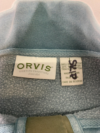 Orvis Pullover Sweater Mens Large Blue Mock Neck Elbow Patch Quarter Snap Casual