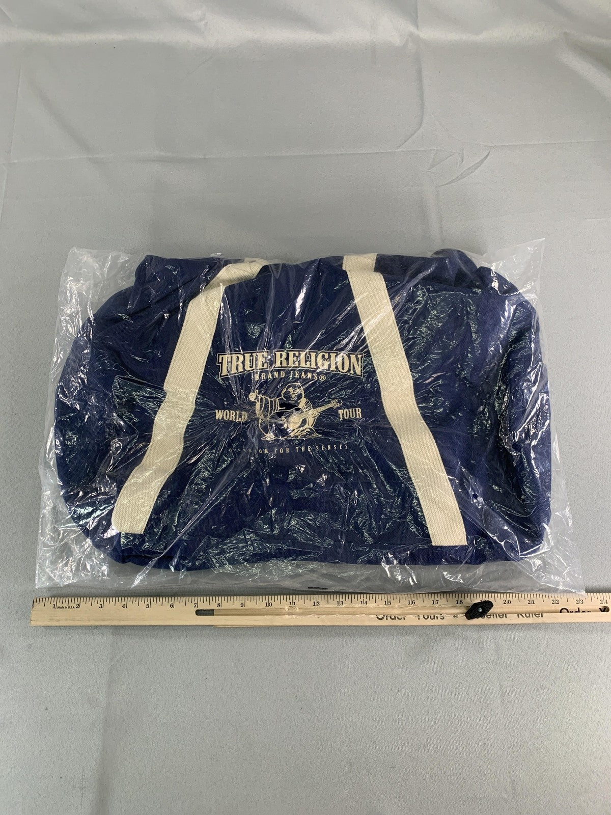 True Religion Brand Jeans Large Navy Duffle Bag Logo O/S New Travel Gym code Red