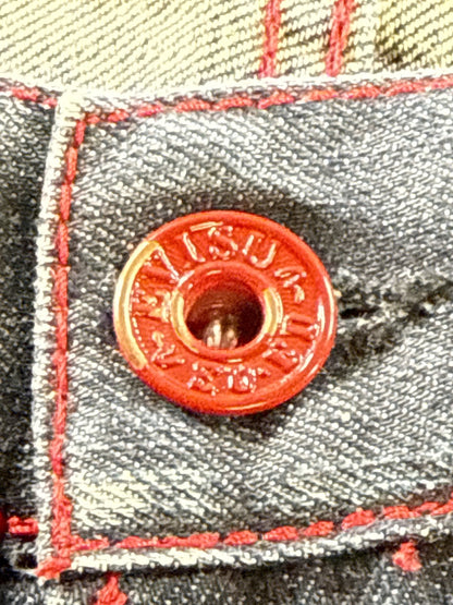 EVISU Classic Straight Leg Jeans 36 Blue 100% Cotton Faded Look Red Denim