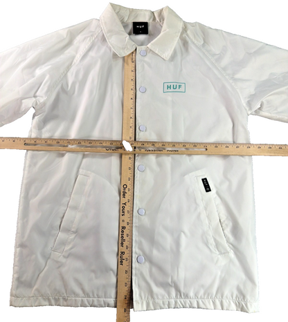 HUF Worldwide Bar Logo Coaches Jacket Mens Small White Teal Nylon Windbreaker