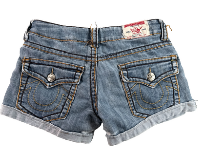 True Religion Girls Denim Shorts Size 11/12 Blue Stretch Cuffed Jean Shorts