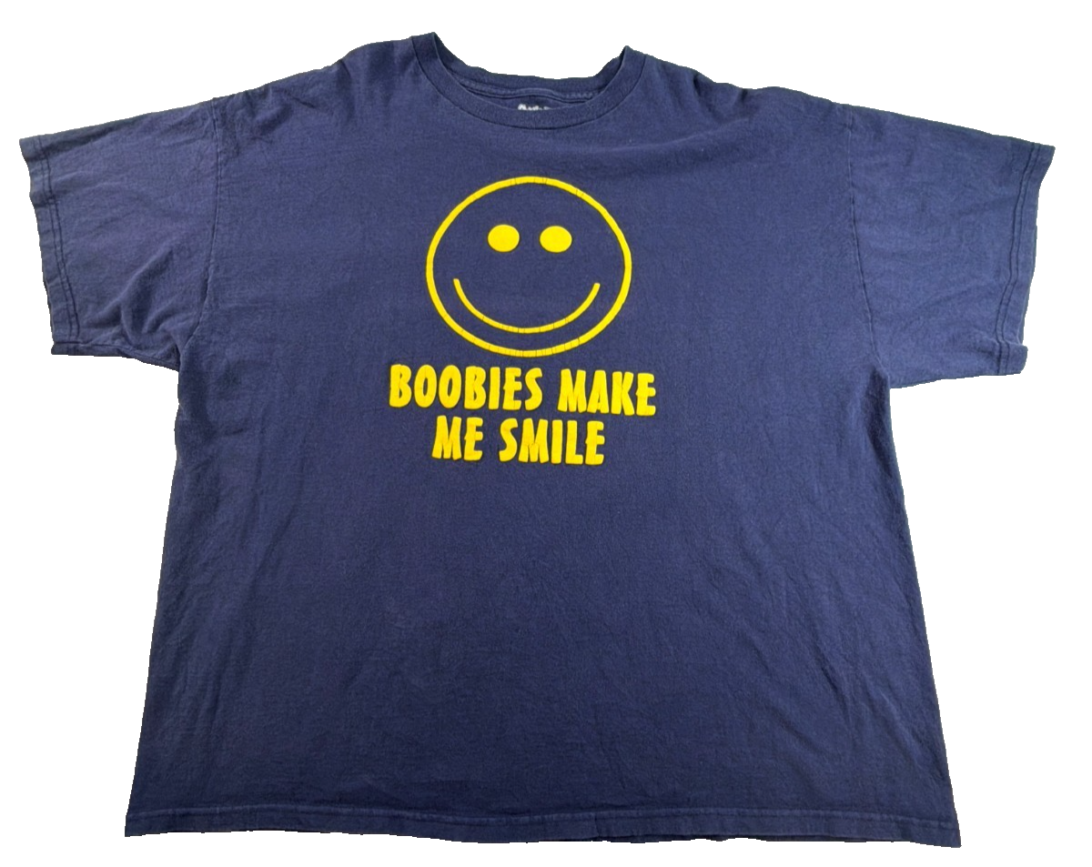 Boobies Make Me Smile Smiley Face Spencer's Navy Blue Novelty Humor Tee 2XL