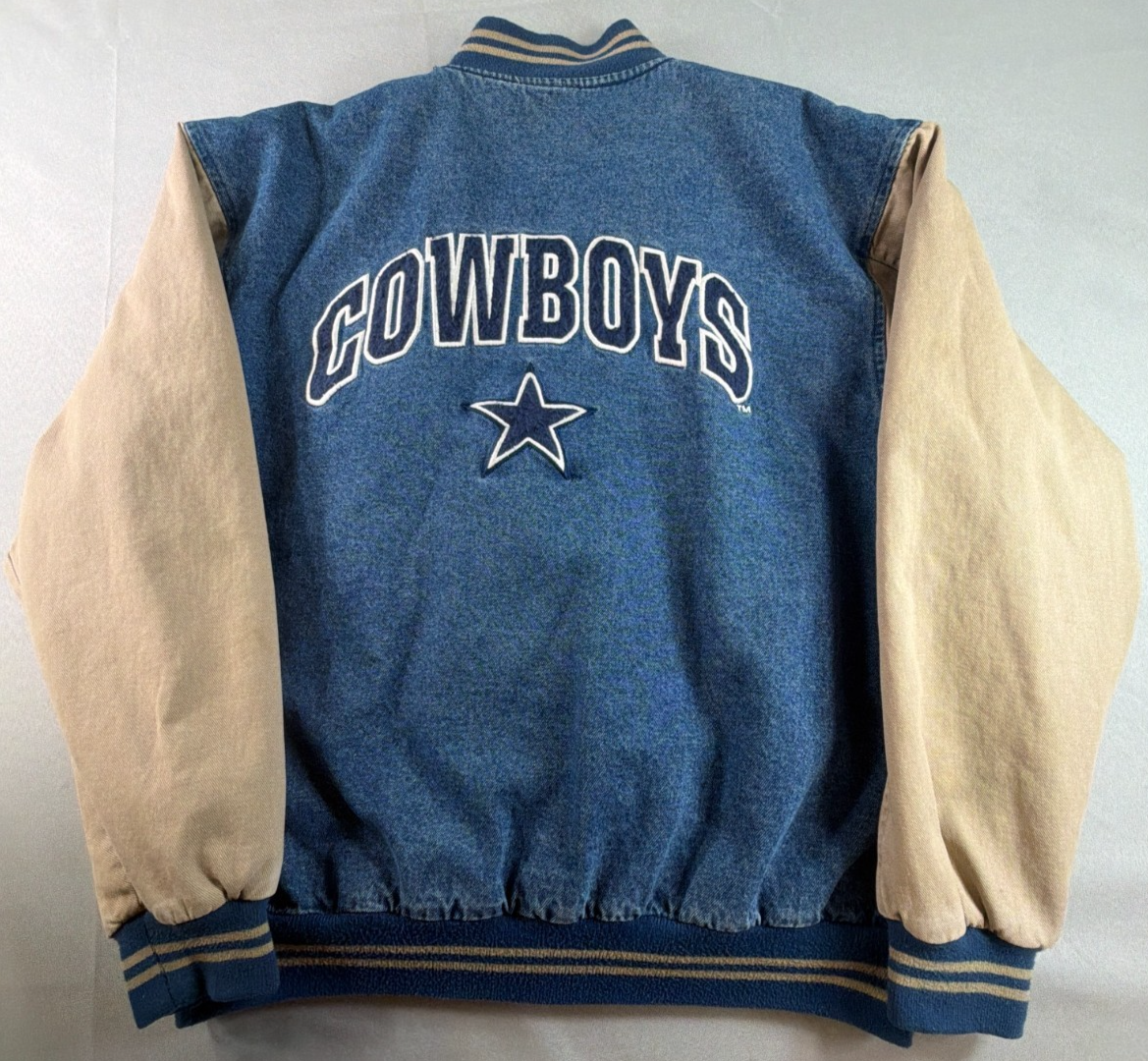 Vintage 90s Lee Sport Dallas Cowboys Denim Varsity Jacket Mens L Bomber NFL Star