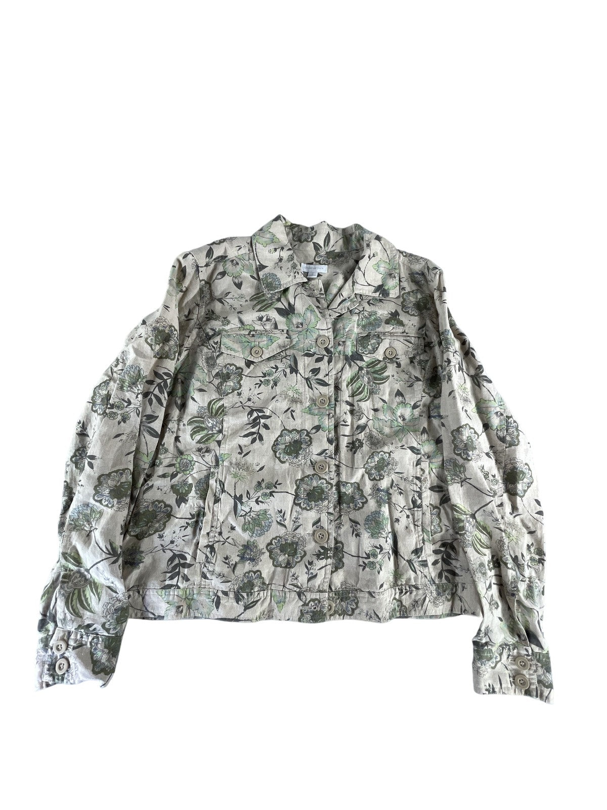 Charter Club Jacket Womens Large Beige Green Floral Linen Button Up Lightweight