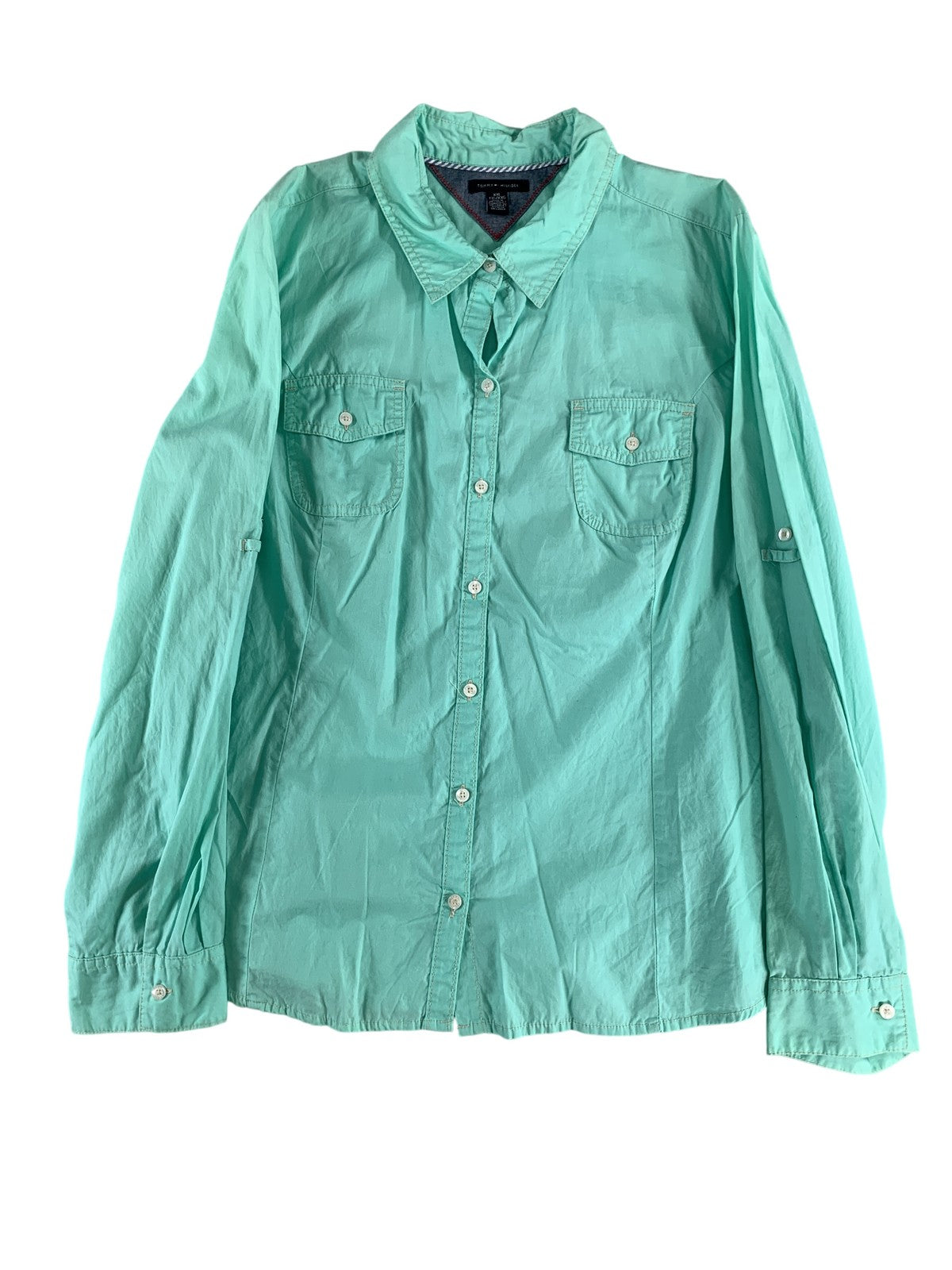 Tommy Hilfiger Shirt Womens 2XL Aqua Blue Long Sleeve Button Up Pocket Cotton