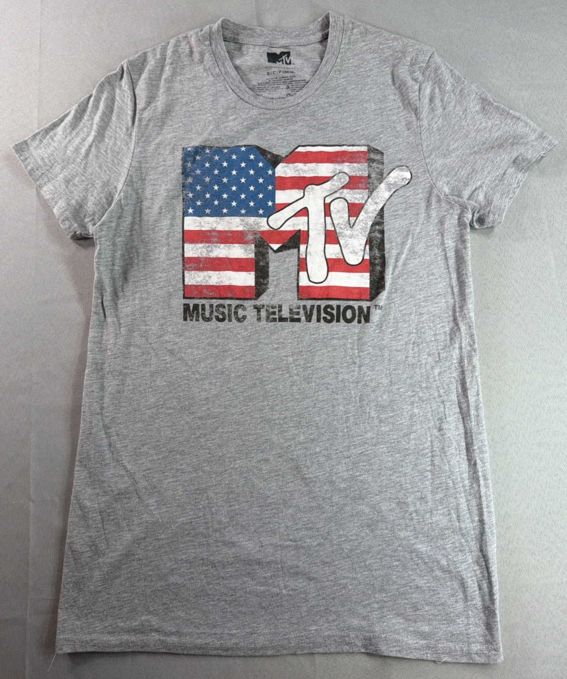 MTV American Flag Logo Graphic Tee Gray Small Music Television Retro USA Shirt