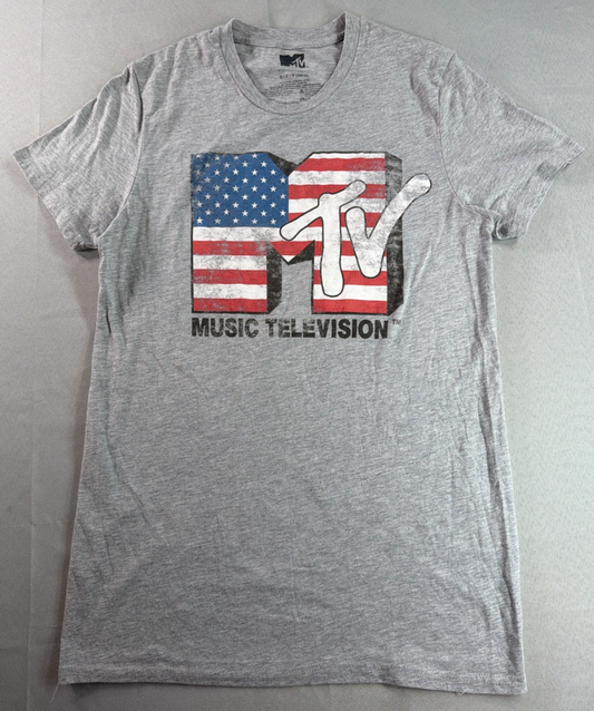 MTV American Flag Logo Graphic Tee Gray Small Music Television Retro USA Shirt