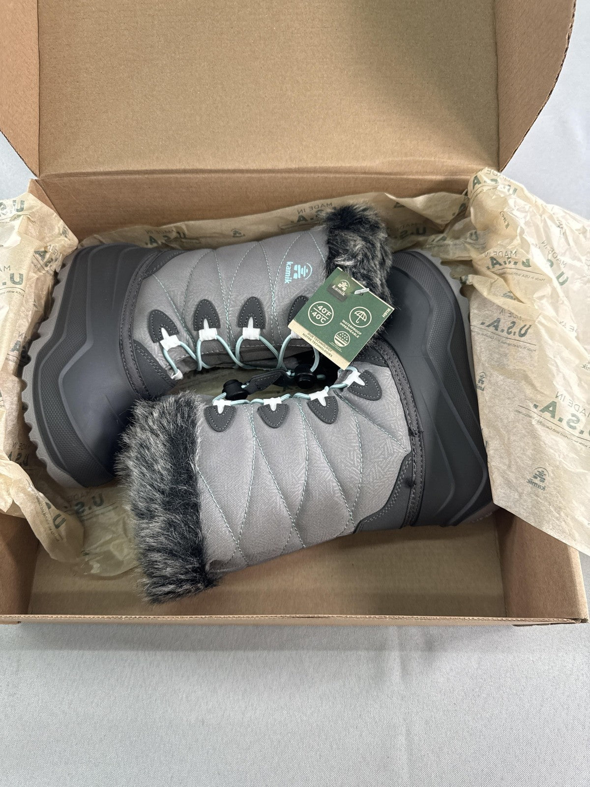 Kamik Snowangel Boots Kids Size 12 Charcoal Red Insulated Faux Fur Made USA