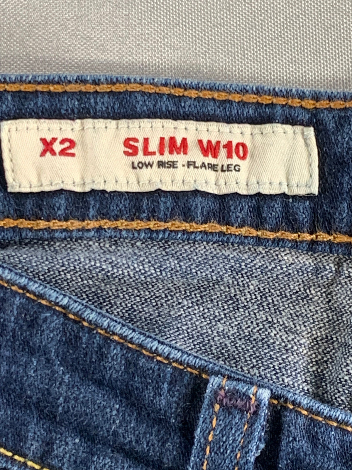 X2 Slim W10 Low Rise Flare Jeans Dark Wash Stretch Bootcut Embroidered Pocket