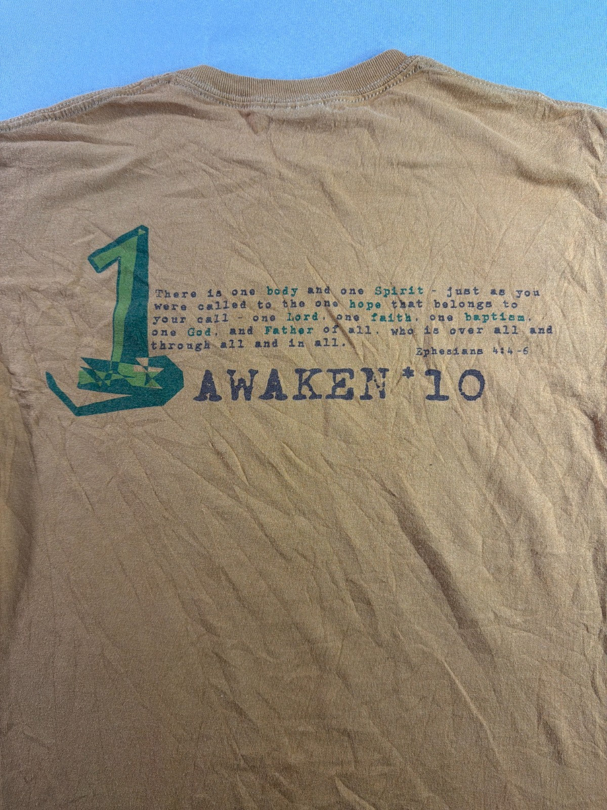Awaken 10 Christian Youth Event Gildan Ultra Cotton Tan Gold Graphic Tee Small