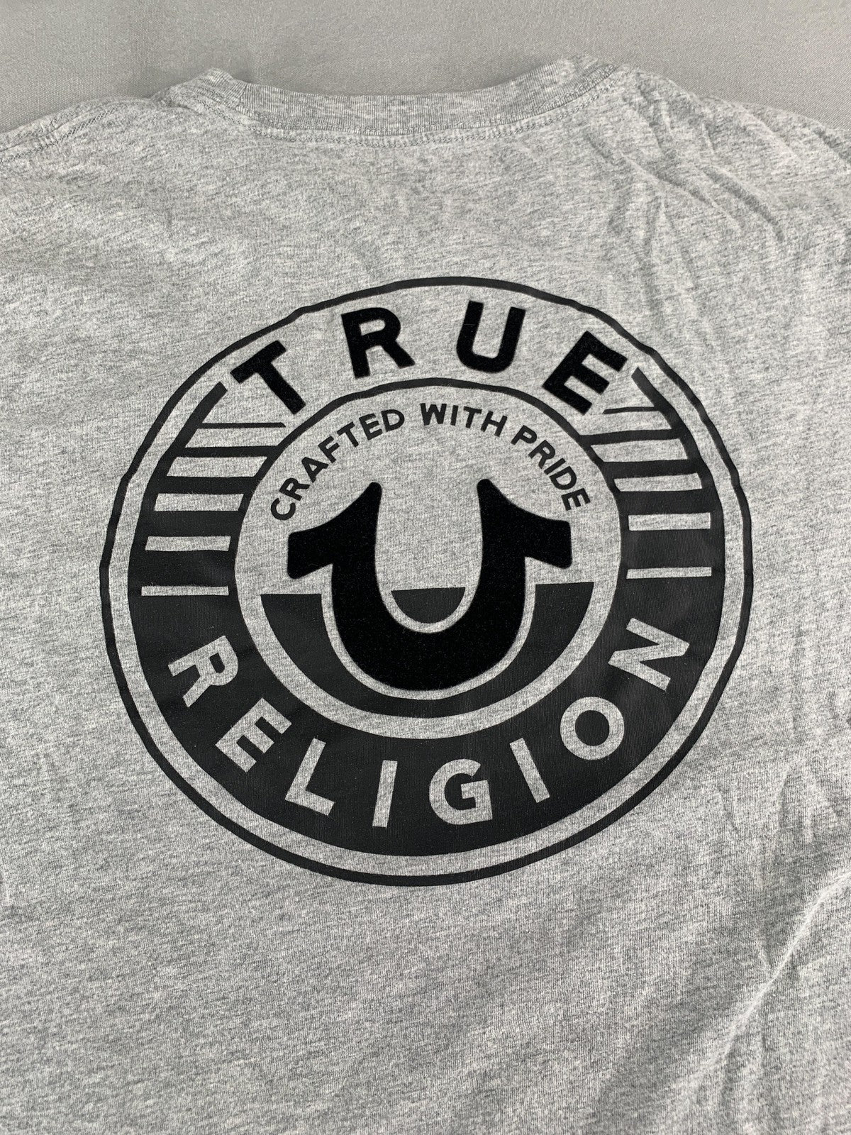 True Religion Shirt Mens Large Gray Graphic Tee Crafted With Pride Logo Cotton