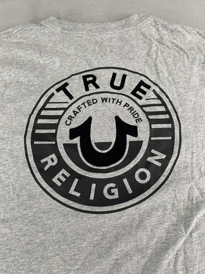 True Religion Shirt Mens Large Gray Graphic Tee Crafted With Pride Logo Cotton