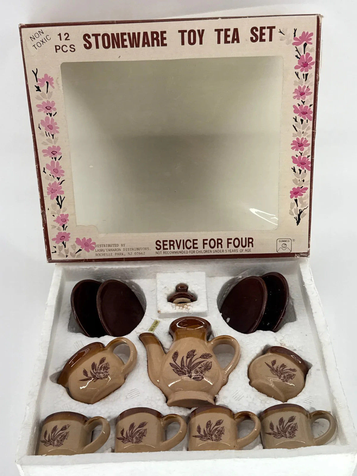 Vintage Stoneware Toy Tea Set 12pc SUMMCO Brown Floral Miniature in Box 5927