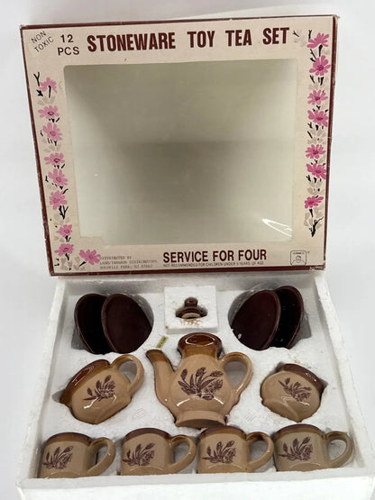 Vintage Stoneware Toy Tea Set 12pc SUMMCO Brown Floral Miniature in Box 5927