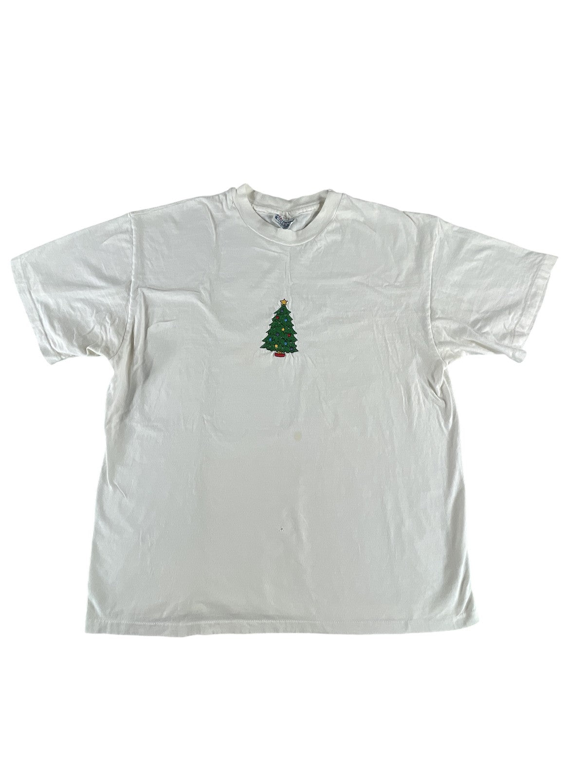 Vintage Hanes Shirt Mens Large White Christmas Tree Graphic Holiday 90s USA Made