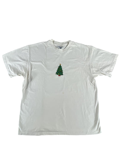 Vintage Hanes Shirt Mens Large White Christmas Tree Graphic Holiday 90s USA Made