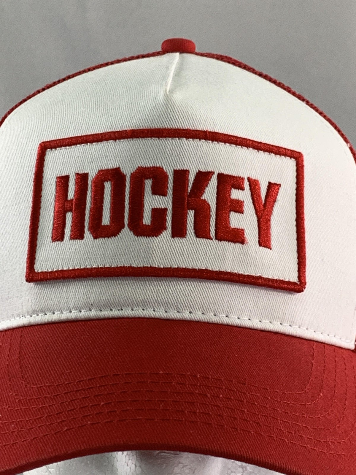 Hockey Hat Cap Snap Back Mens Red White Trucker Mesh Patch Embroidered on Black