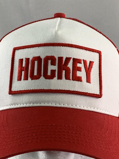 Hockey Hat Cap Snap Back Mens Red White Trucker Mesh Patch Embroidered on Black