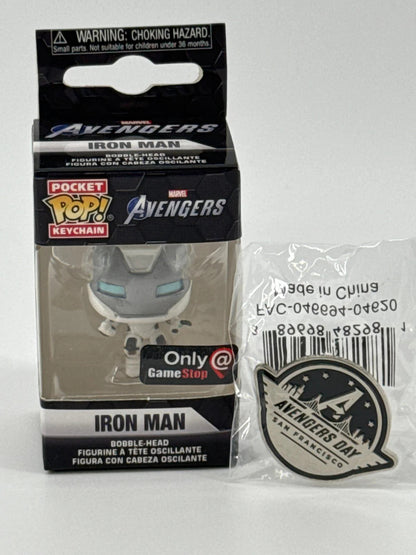 Funko POP! Pocket Iron Man Keychain Gamestop Exclusive + Avengers Day Pin Marvel