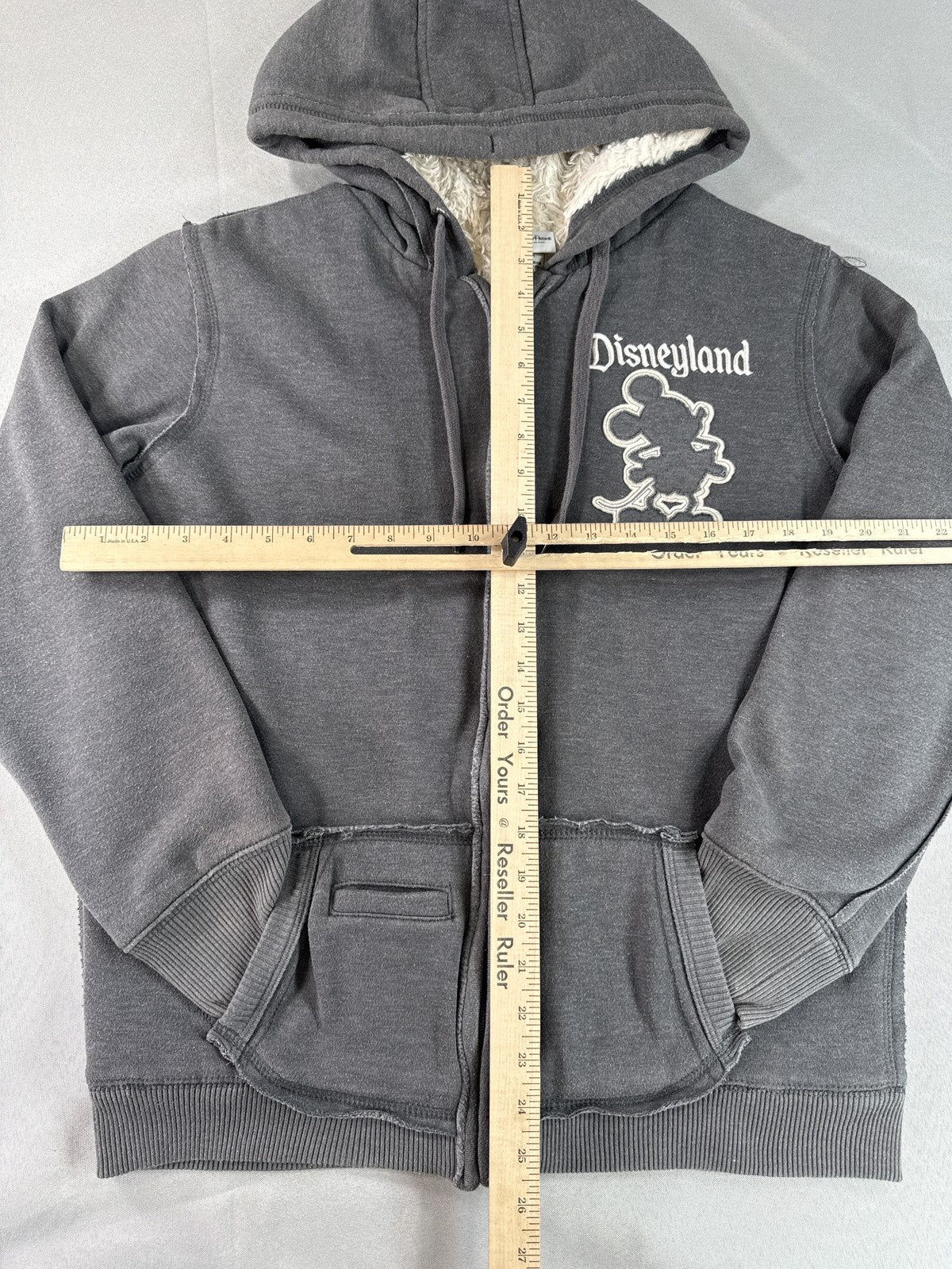 Disney Parks Mickey Mouse Hoodie L Gray Cotton Polyester Fleece Lined Zip Up Red