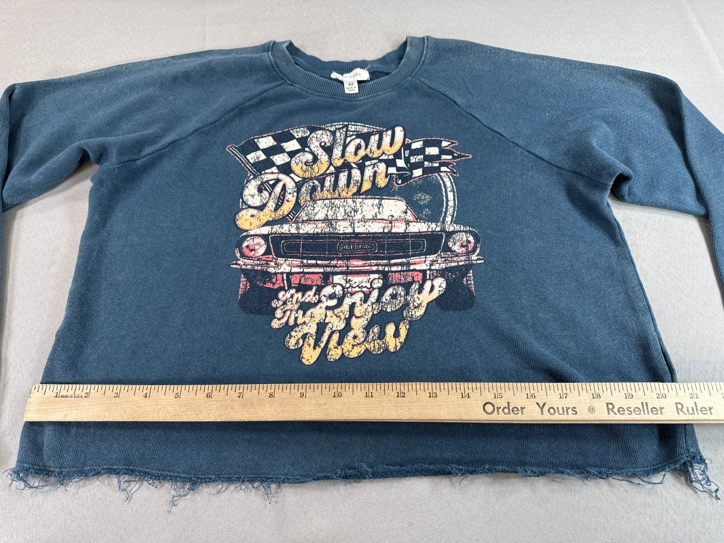 crow coe Car Graphic Retro Sweatshirt XS Blue Distressed Hem Long Sleeve