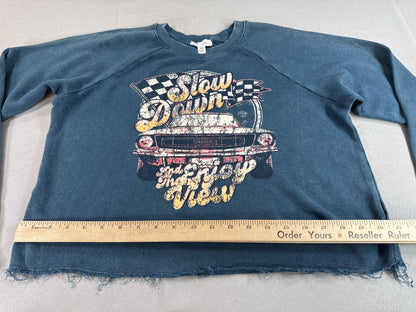 crow coe Car Graphic Retro Sweatshirt XS Blue Distressed Hem Long Sleeve