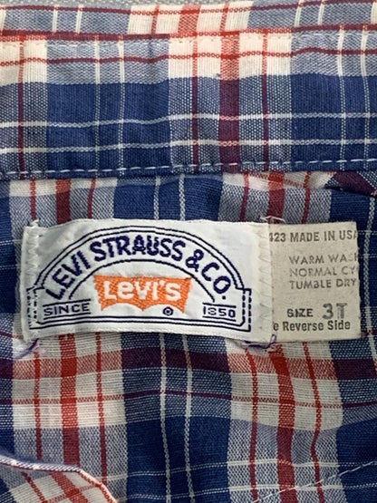 VINTAGE Levis Shirt Boys 3T Blue Red Plaid Western Pearl Snap Made in USA 90s