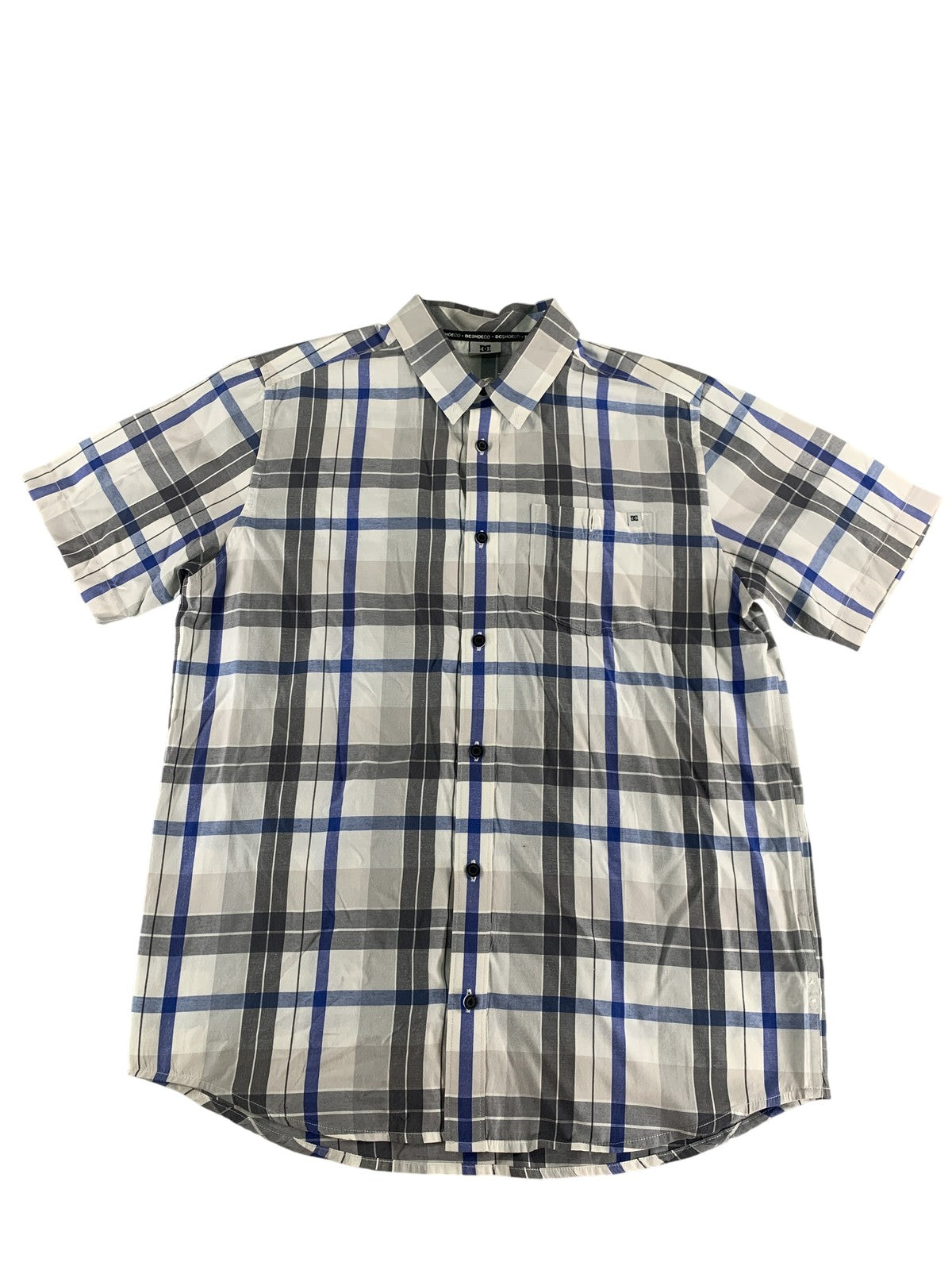 DC Shoes Shirt Mens Large Gray Blue White Plaid Button Up Short Sleeve Casual