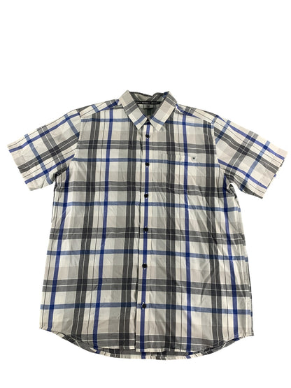 DC Shoes Shirt Mens Large Gray Blue White Plaid Button Up Short Sleeve Casual